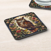 魅惑的な夜行性フクロウのステンドグラス芸術 コースター (左側)