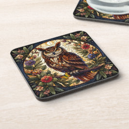 魅惑的な夜行性フクロウのステンドグラス芸術 コースター