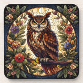 魅惑的な夜行性フクロウのステンドグラス芸術 コースター (正面)