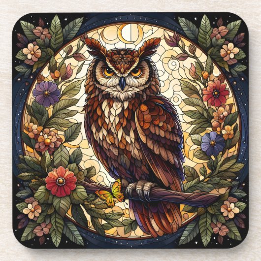 魅惑的な夜行性フクロウのステンドグラス芸術 コースター (正面)