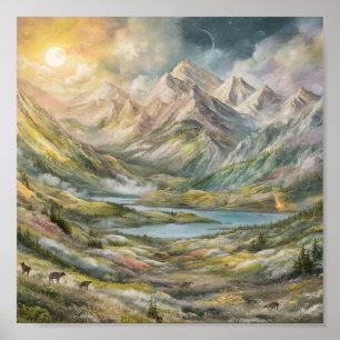 魅惑的な山の絵画景色 ポスター