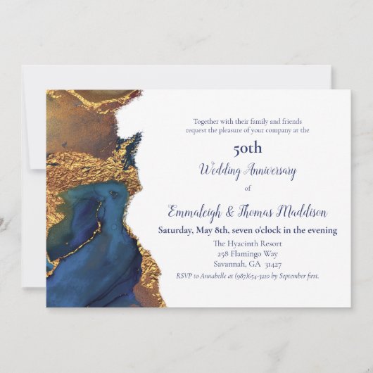 魅惑的な抽象的なブルーゴールドの結婚記念日 招待状 (正面)