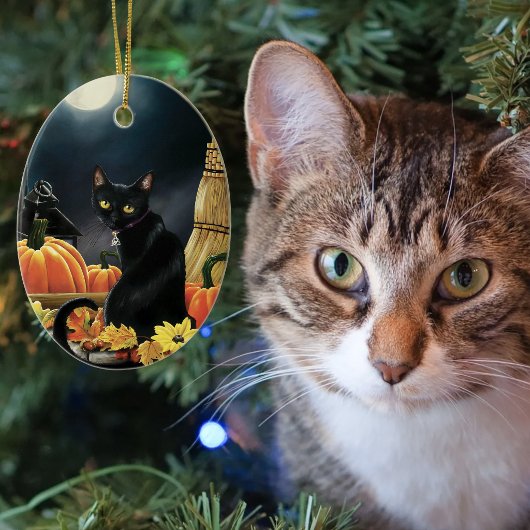 魅惑的な月夜の黒猫のカボチャ セラミックオーナメント
