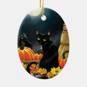魅惑的な月夜の黒猫のカボチャ セラミックオーナメント (裏面)