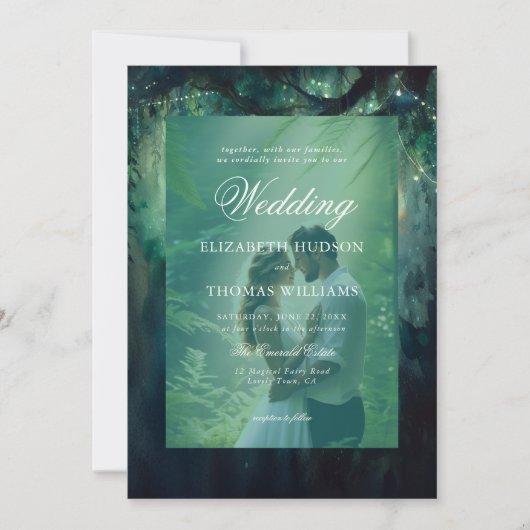 魅惑的な森つるの緑の写真結婚 招待状 (正面)