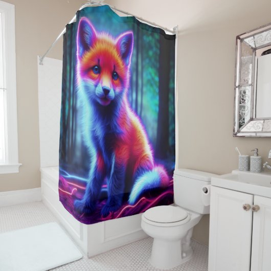 魅惑的な森の中の神秘的白熱［赤熱］光を放つなネオン狐 シャワーカーテン (インサイチュ)