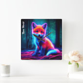 魅惑的な森の中の神秘的白熱［赤熱］光を放つなネオン狐 スクエア壁時計 (ホーム)