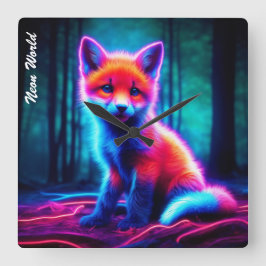 魅惑的な森の中の神秘的白熱［赤熱］光を放つなネオン狐 スクエア壁時計
