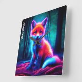 魅惑的な森の中の神秘的白熱［赤熱］光を放つなネオン狐 スクエア壁時計 (傾斜)