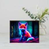 魅惑的な森の中の神秘的白熱［赤熱］光を放つなネオン狐 箔シーズンポストカード (立ち正面)