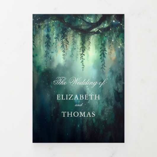 魅惑的な森の緑の妖精結婚が 三つ折り招待状 (カバー)