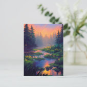 魅惑的な沼地の森の夕日 ポストカード (スタンド正面)