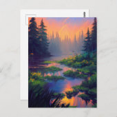 魅惑的な沼地の森の夕日 ポストカード (正面/裏面)