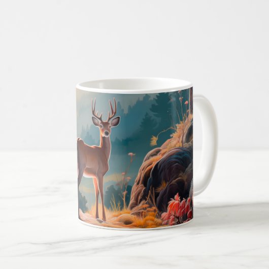 魅惑的な秋の鹿の森のシーン デザイン コーヒーマグカップ (正面右)