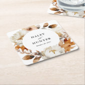 魅惑的な秋素朴開花ボタニカル結婚ズ スクエアペーパーコースター (アングル)