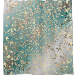 魅惑的な輝き金ゴールドスターズオンティール（緑がかった色）キラキラ シャワーカーテン