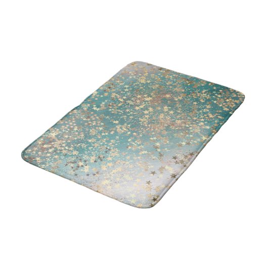 魅惑的な輝き金ゴールドスターズオンティール(緑がかった色)キラキラ バスマット (アングル)