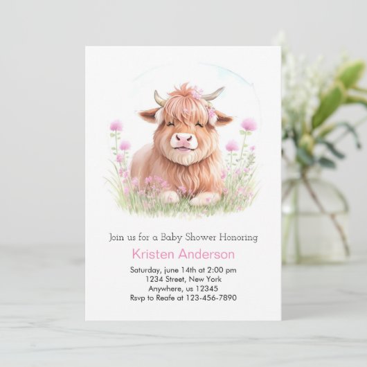 魅惑的な高地の牛の至福の女の子の赤ちゃんシャワー 招待状 (スタンド正面)