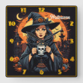 魅惑的な魔女はハロウィーンダスクでスカルマグを保持 スクエア壁時計 (正面)