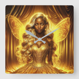 魅惑的な黄金のエレガント妖精のきらめく翼 スクエア壁時計