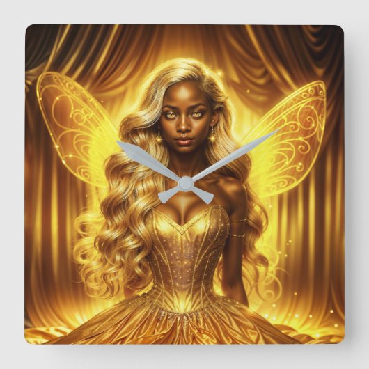 魅惑的な黄金のエレガント妖精のきらめく翼 スクエア壁時計 (正面)
