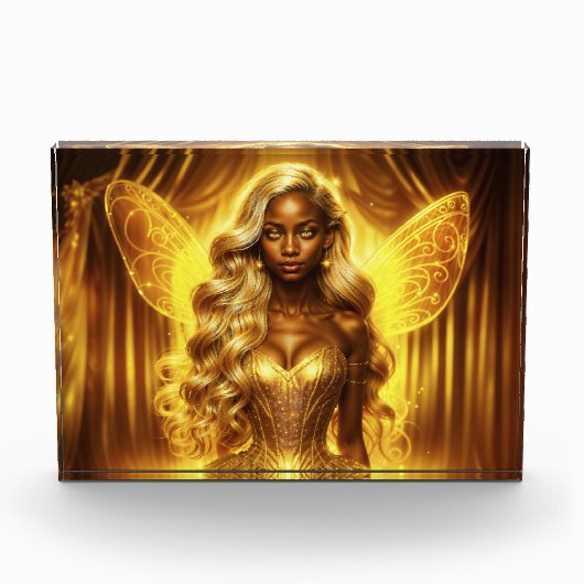 魅惑的な黄金のエレガント妖精のきらめく翼 フォトブロック (正面)