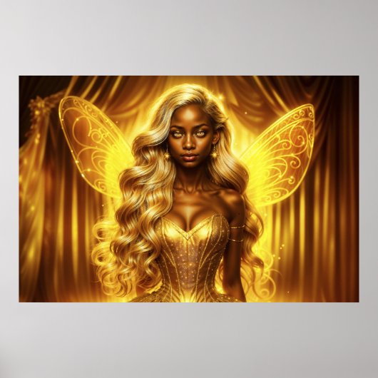 魅惑的な黄金のエレガント妖精のきらめく翼 ポスター (正面)