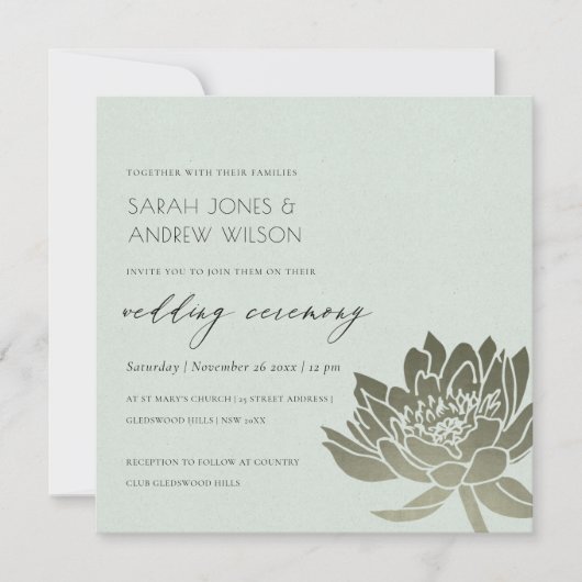 魅惑的淡い色のなブルーシルバーロータス結婚フローラ 招待状 (正面)
