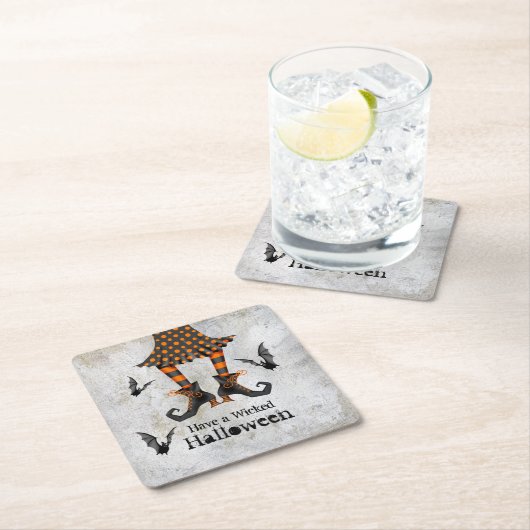 魔女おもしろいの脚とこうもり邪悪なハロウィーン スクエアペーパーコースター (インサイチュ)