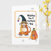 魔女おもしろいハットハロウィンカード付き猫 カード (黄色い花)