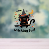 魔女おもしろい黒猫と箒 – かわいいハロウィーン アクリルサイン (ニュートラル)