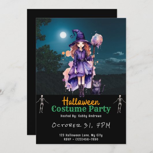 魔女かわいらし黒猫フルムーンブラックハロウィーン 招待状 (正面/裏面)