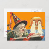魔女がジャック・オ・ランタンのパンプキンを読む ポストカード (正面/裏面)