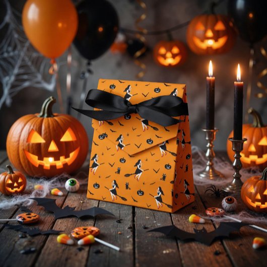 魔女がデザインされたオレンジ色のハロウィンお菓子入れ箱 フェイバーボックス