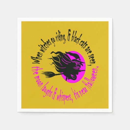 魔女がハロウィンピンクのテックスの近くに乗って行く スタンダードカクテルナプキン (正面)