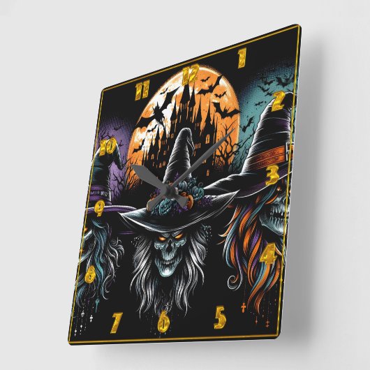 魔女がハロウィン幽霊のよく出るのために城に集まる スクエア壁時計 (傾斜)