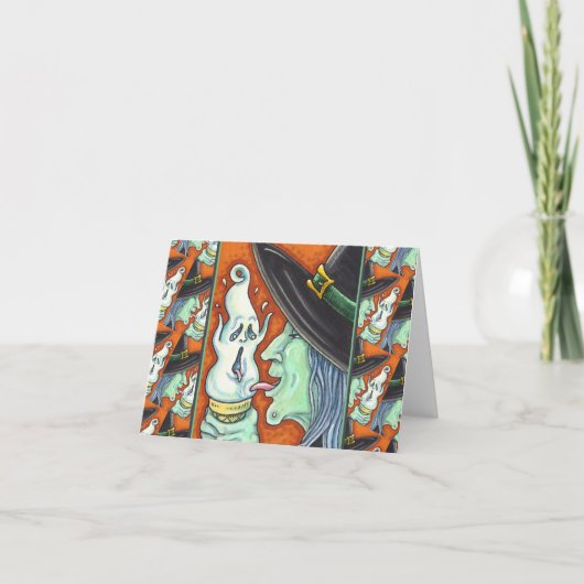 魔女が叫びながらアイスクリームコーンを食べる、ハロウィーン シーズンカード (正面)