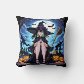 魔女が月の光の下でカボチャに座る クッション (正面)