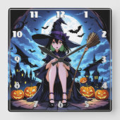魔女が月の光の下でカボチャに座る スクエア壁時計 (正面)
