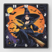 魔女が秋の月の下で箒に乗る スクエア壁時計 (正面)