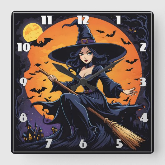 魔女が秋の月の下で箒に乗る スクエア壁時計 (正面)