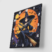 魔女が秋の月の下で箒に乗る スクエア壁時計 (傾斜)