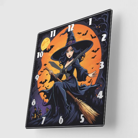 魔女が秋の月の下で箒に乗る スクエア壁時計 (傾斜)