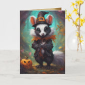 魔女が見られる、かわいいスカンクウィッチ、ハロウィーン カード (黄色い花)