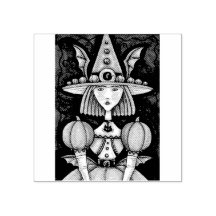 魔女こうもり女の子、ゴシックハロウィンゴム印