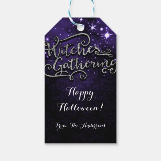 魔女たちが紫と黒のダマスクのお願いを集める ギフトタグ (正面)