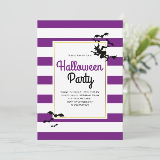 魔女とこうもりストライプ紫ハローウィンパーティ 招待状 (スタンド正面)