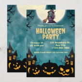 魔女とカボチャのハロウィンパーティーの招待状 招待状 (正面/裏面)