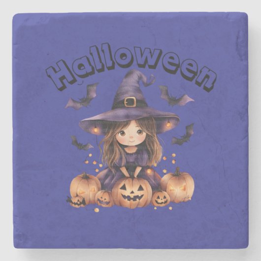 魔女とカボチャのハロウィーンの壁時計 ストーンコースター (正面)