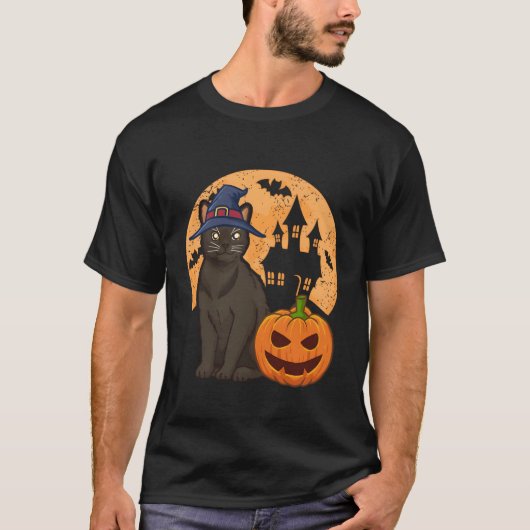 魔女とカボチャのハロウィーンを持つビルマ猫 Tシャツ (正面)
